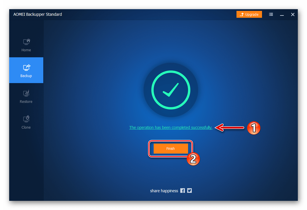 AOMEI Backupper Standard создание резервной копии Windows 10 завершено