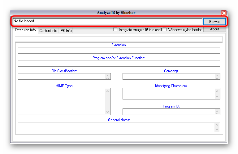 Переход к выбору файла для определения расширения через программу Analyze It! в Windows 10