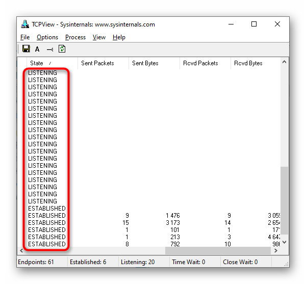 Просмотр состояния портов через программу TCPView в Windows 10