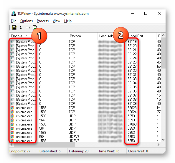 Просмотр открытых портов через программу TCPView в Windows 10