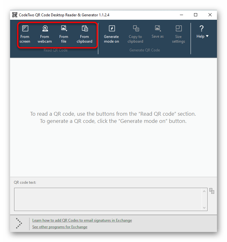 Варианты сканирования кодов через программу CodeTwo QR Code Desktop Reader & Generator