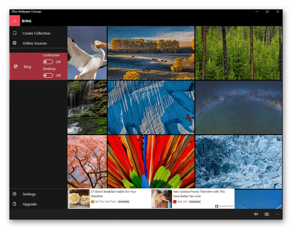 Интерфейс приложения 9Zen Wallpaper Changer для смены фона рабочего стола