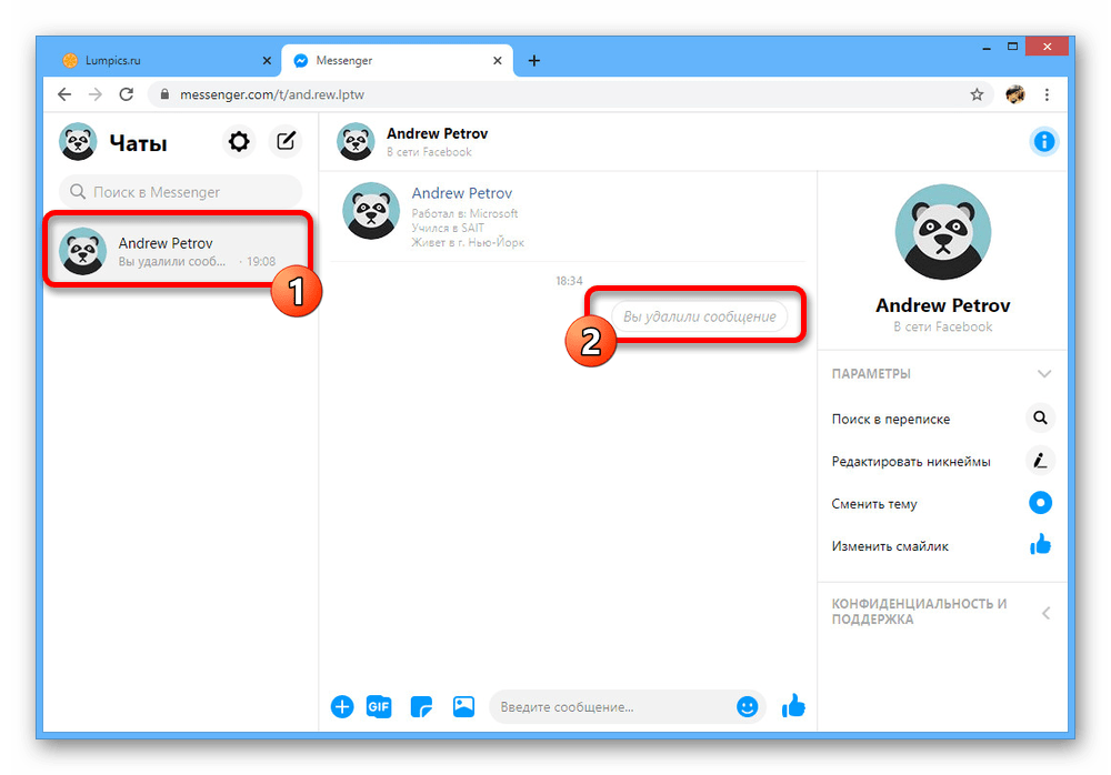 Успешное удаление выбранного сообщения на сайте Facebook Messenger