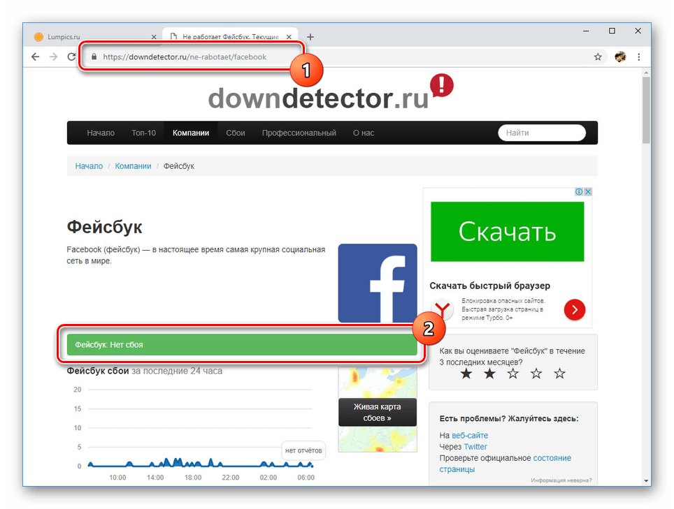 Проверка сайта Facebook через Downdetector