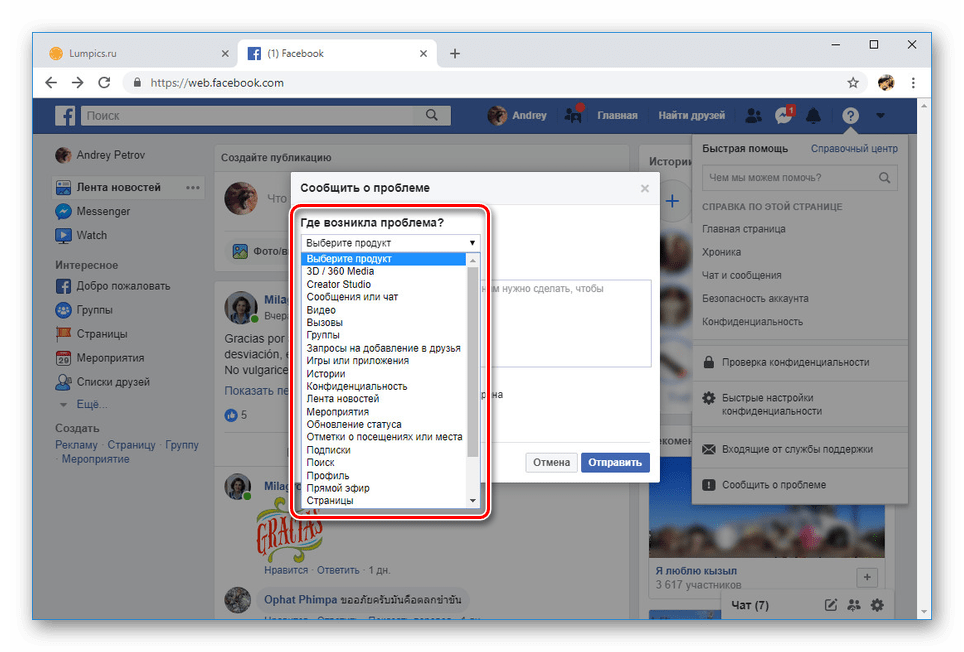 Выбор проблемного продукта на сайте Facebook
