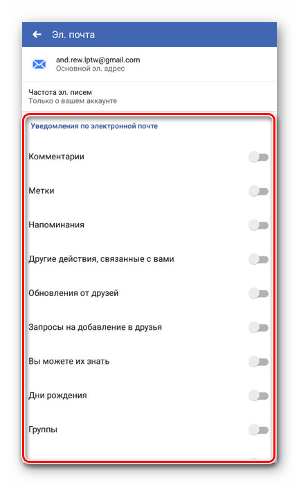 Отключение уведомлений на почту в приложении Facebook