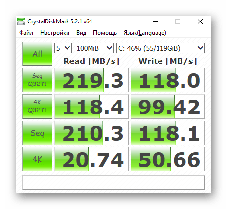 Тестирование скорости SSD-накопителя в программе CrystalDiskMark