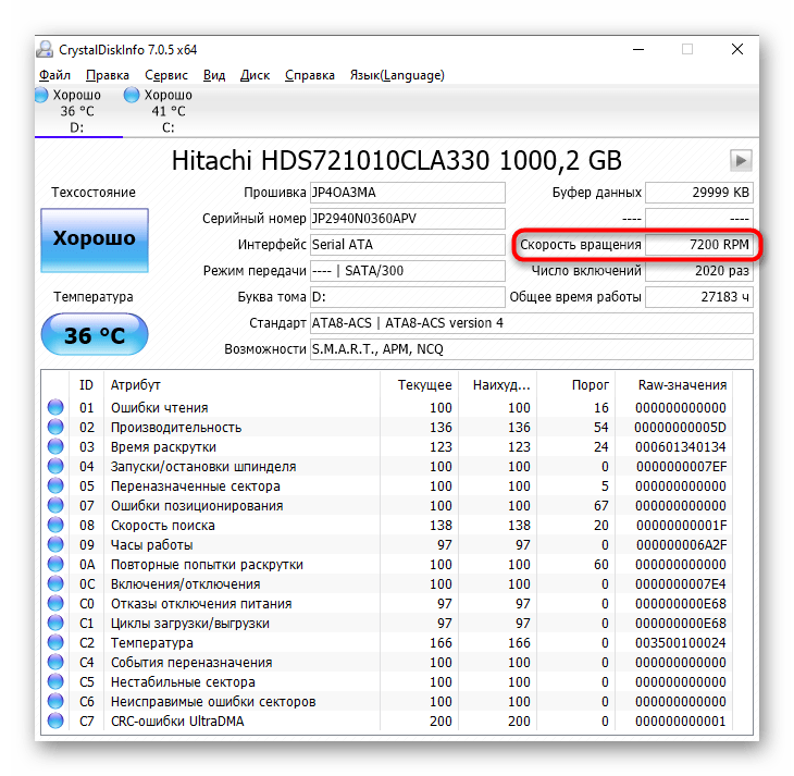 Скорость вращения жесткого диска в программе CrystalDiskInfo