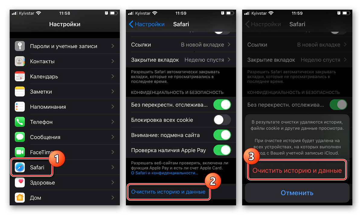 Пример очистки истории интернет-браузера через настройки на iOS-устройстве