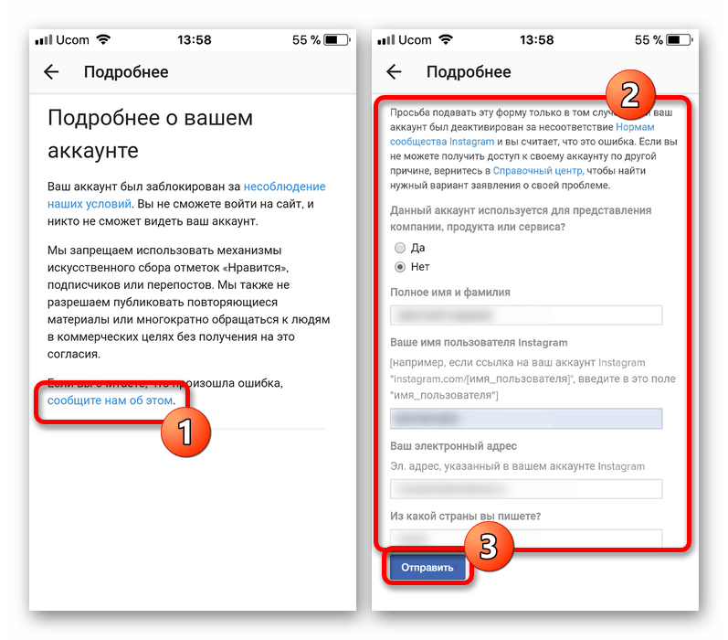 Пример заполнения формы обратной связи при блокировке аккаунта в приложении Instagram