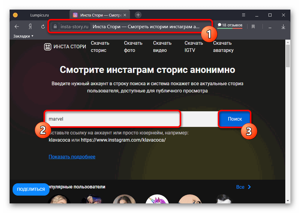Процесс поиска пользователя в Instagram на сайте сервиса Инста Стори