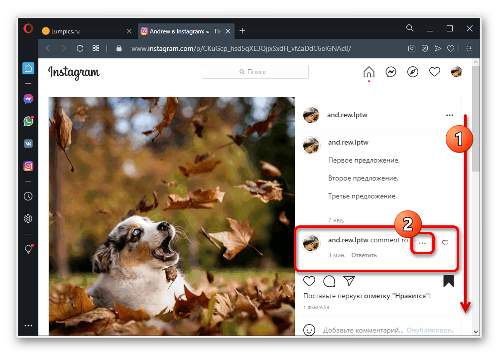 Переход к удалению своего комментария под публикацией на веб-сайте Instagram