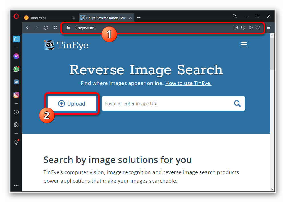 Добавление изображения для поиска Instagram на веб-сайте поиска TinEye
