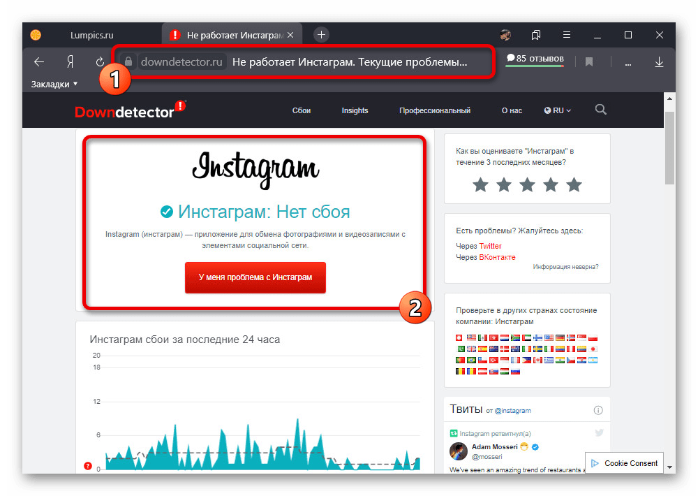 Проверка статуса работы Instagram на сайте сервиса Downdetector