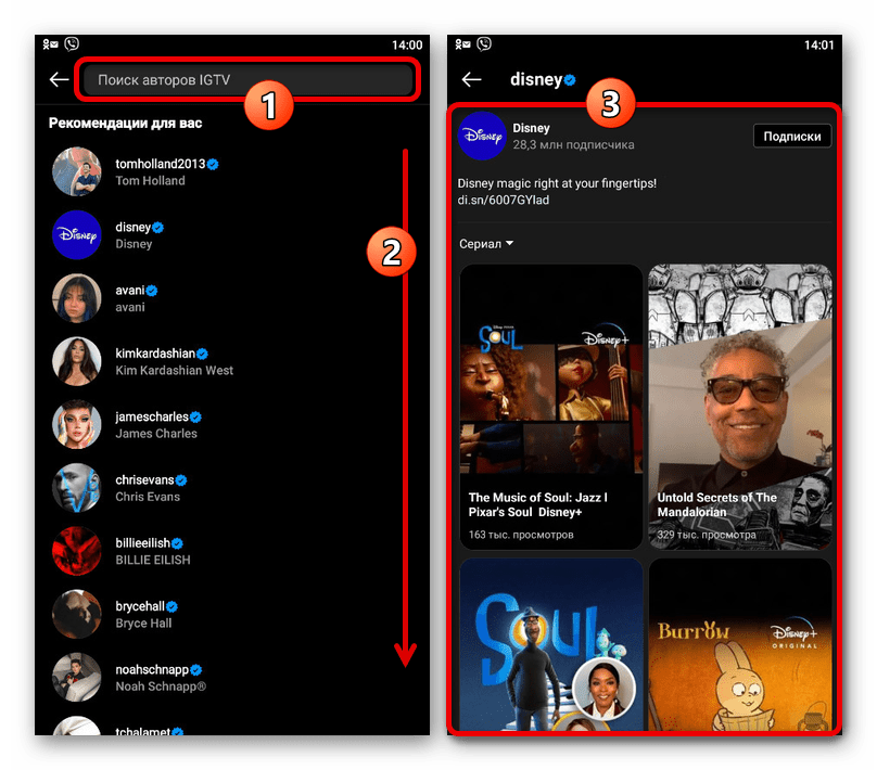 Пример поиска авторов видео IGTV в приложении Instagram