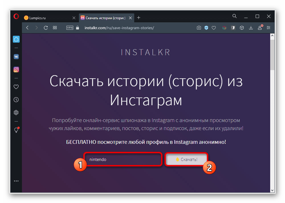 Переход к скачиванию истории на сайте онлайн-сервиса INSTALKR в веб-браузере