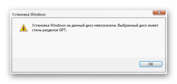 Ошибка установки Windows 10 для диска со стилем разделов GPT