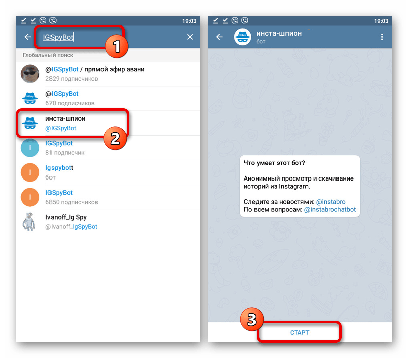 Процесс поиска и включения бота IGSpyBot в приложении Telegram