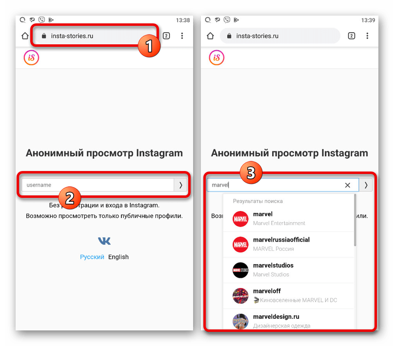 Процесс поиска учетной записи из Instagram на сайте Insta Stories