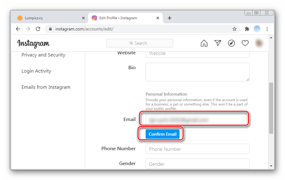 Указание почты для добавления почты в браузерной версии Инстаграм