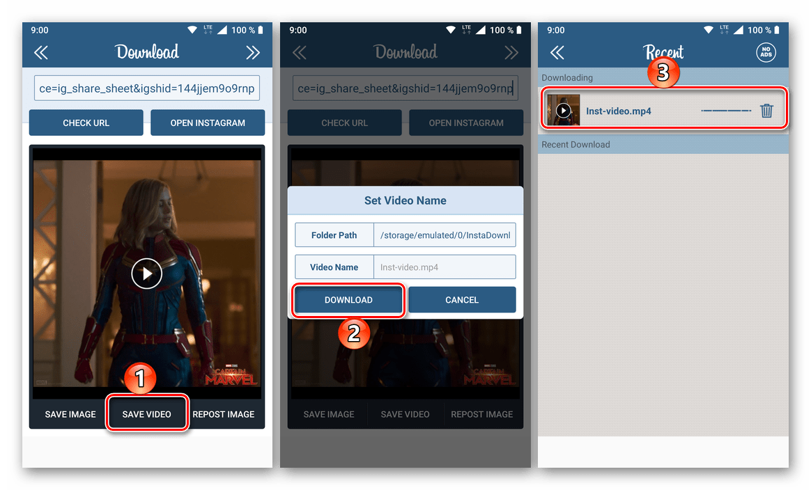 Скачивание видео из Instagram в приложении Instg Dowload на телефоне с Android