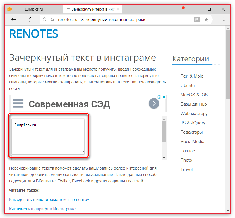 Ввод исходного текста на сайте онлайн-сервиса Renotes