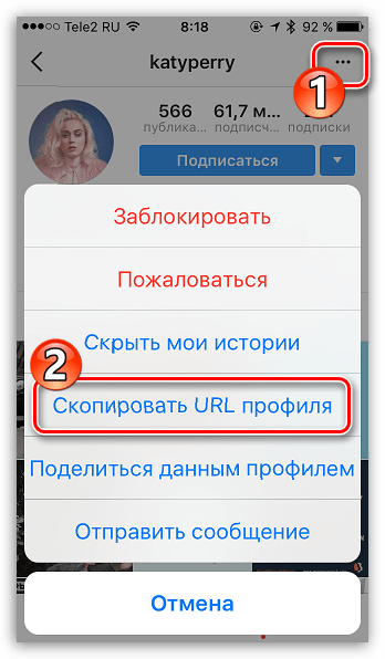 Копирование ссылки на профиль в Instagram