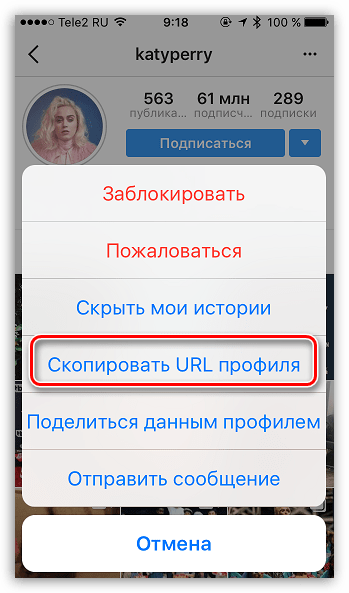 Копирование URL профиля в Instagram