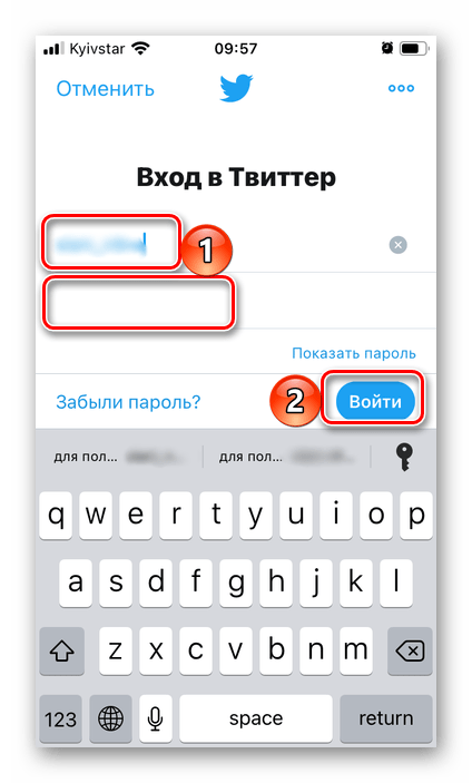 Ввод логина и пароля для авторизации в мобильном приложении Twitter на iPhone