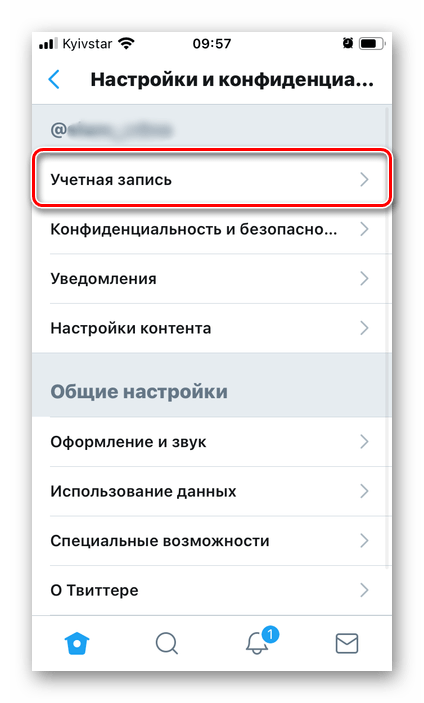 Открыть параметры учетной записи в мобильном приложении Twitter на iPhone