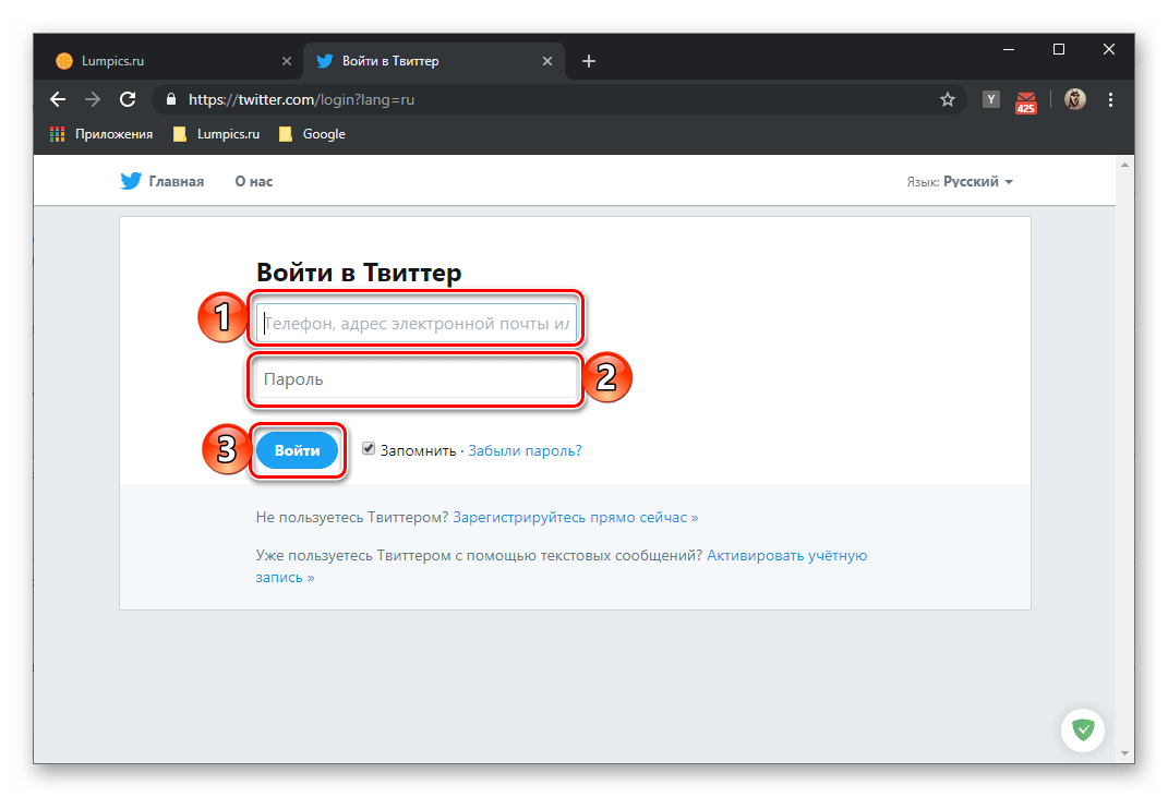 Ввод логина и пароля от своей учетной записи в Twitter