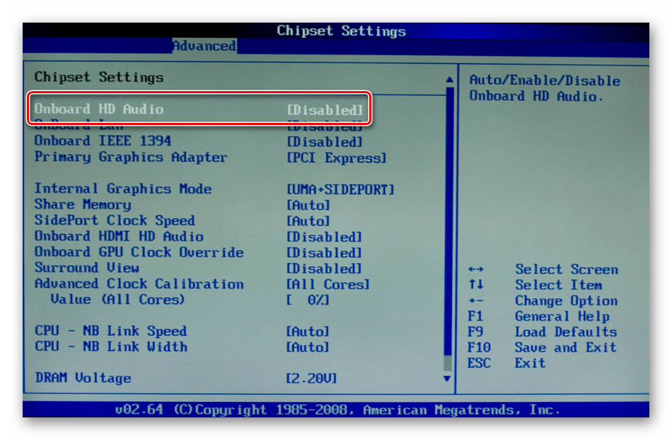 Отключение встроенной аудиокарты в BIOS