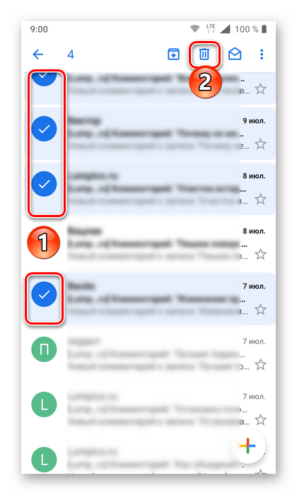 Удаление выделенных писем в мобильном приложении Gmail