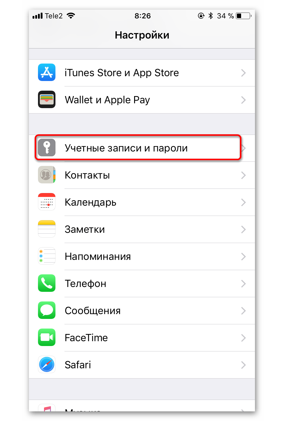 Переход в раздел Учетные записи и пароли в iPhone