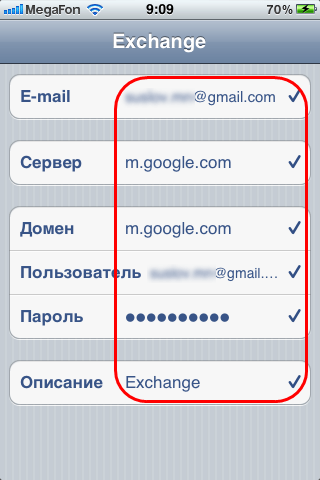 Заполнение данных для синхронизации с помощью Google Sync в iPhone