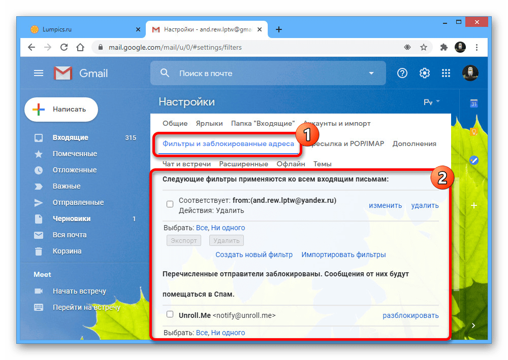 Возможность настройки фильтров на сайте почты Gmail