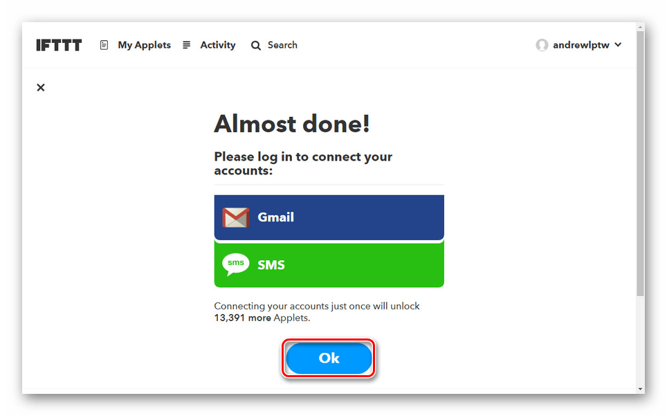 Подтверждение подключения SMS оповещений на сайте IFTTT