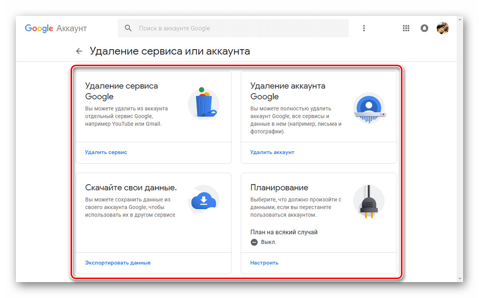 Процесс удаления аккаунта на сайте почты Gmail