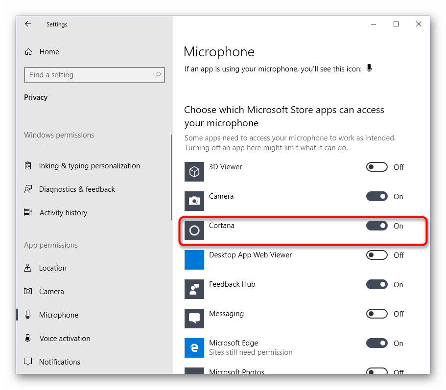 Отключение доступа к микрофону для Cortana в Windows 10