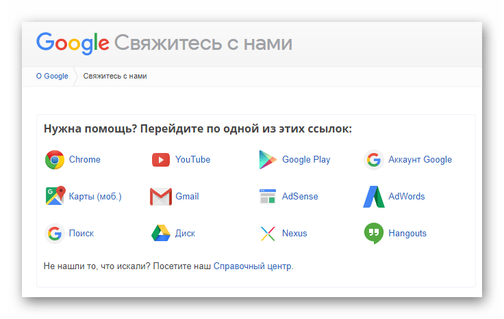 Возможность обращения в техподдержку на официальном сайте почтового сервиса Gmail