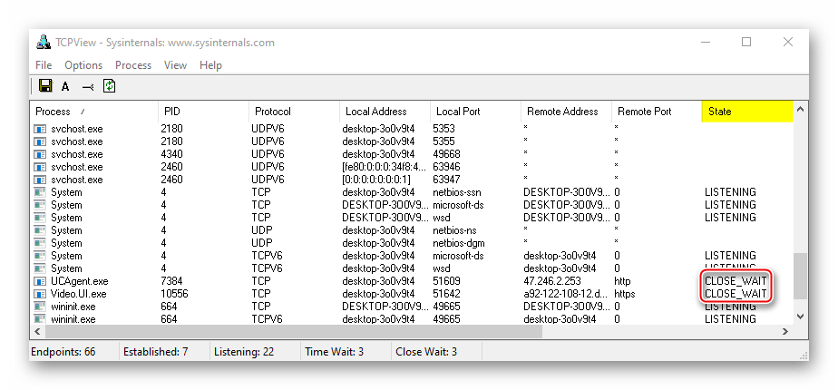 Отображение закрывающихся портов в TCPView