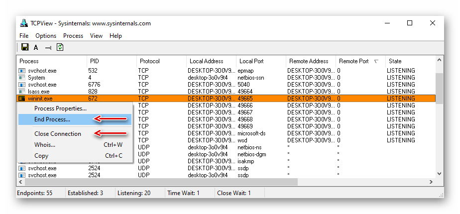 Завершение процесса в TCPView