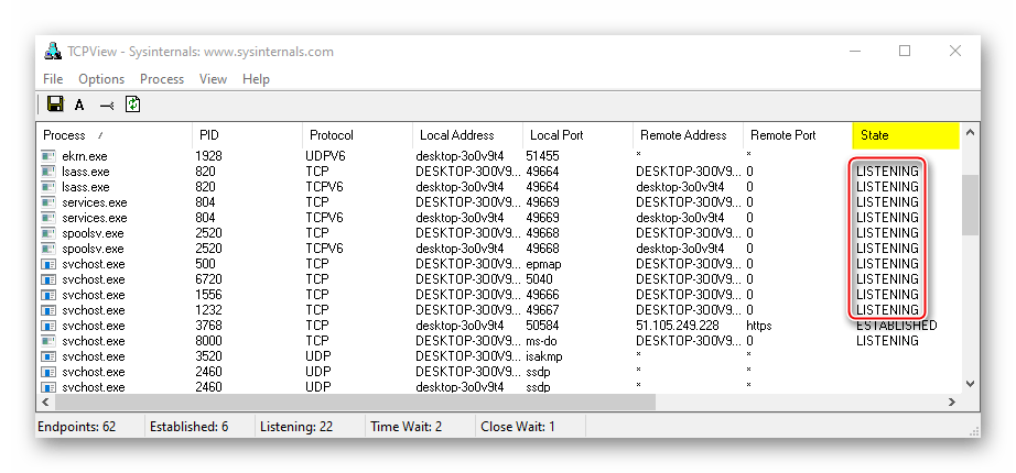 Отображение прослушиваемых портов в TCPView