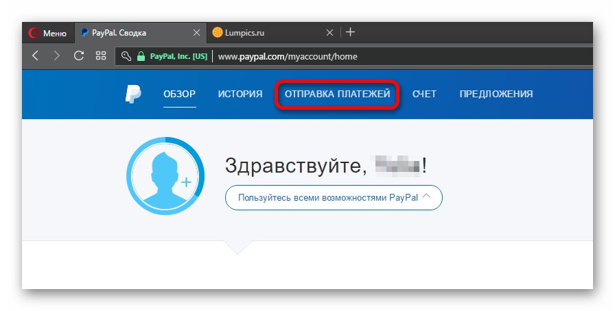 Переход в раздел отправка платежей в электронном кошельке PayPal