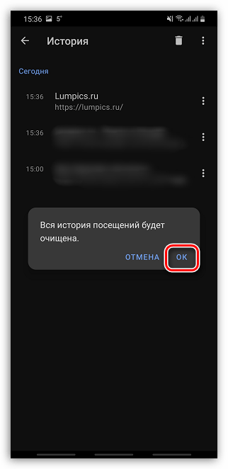 Подтверждение удаления истории в Opera на телефоне