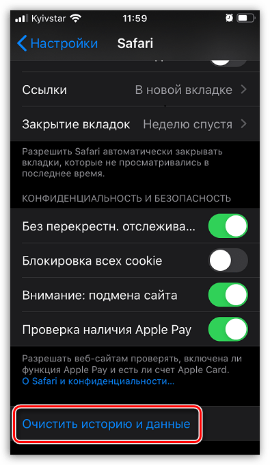 Удаление истории Safari на iPhone