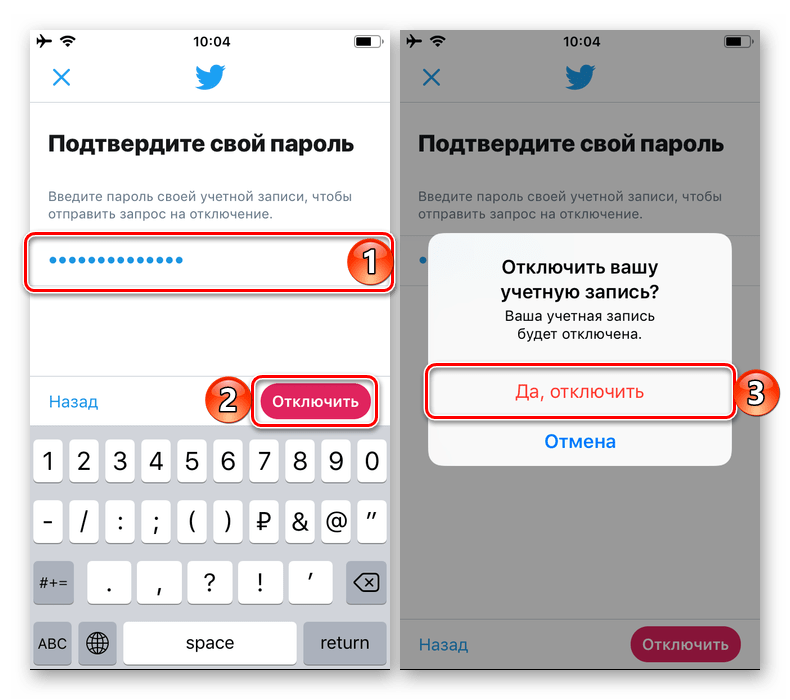 Подтверждение отключения учетной записи в приложении Twitter для iPhone