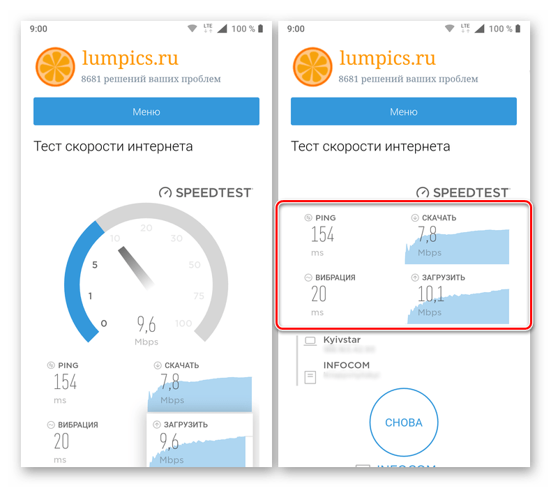 Результат проверки скорости интернет-соединения на сайте Lumpics.ru