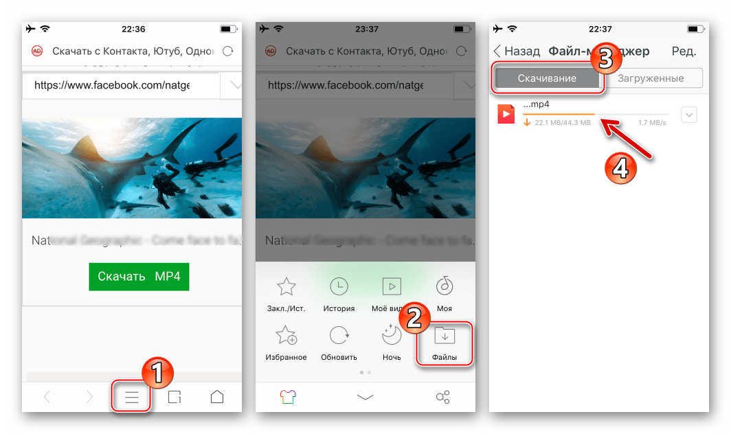 Facebook для iPhone раздел загрузки в UC Browser для контроля за скачиванием видео из соцсети и доступа к загруженным роликам