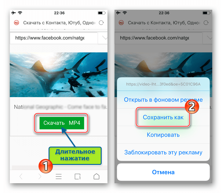 Facebook для iPhone процесс скачивания видео из соцсети через UC Browser с помощью веб-сервиса